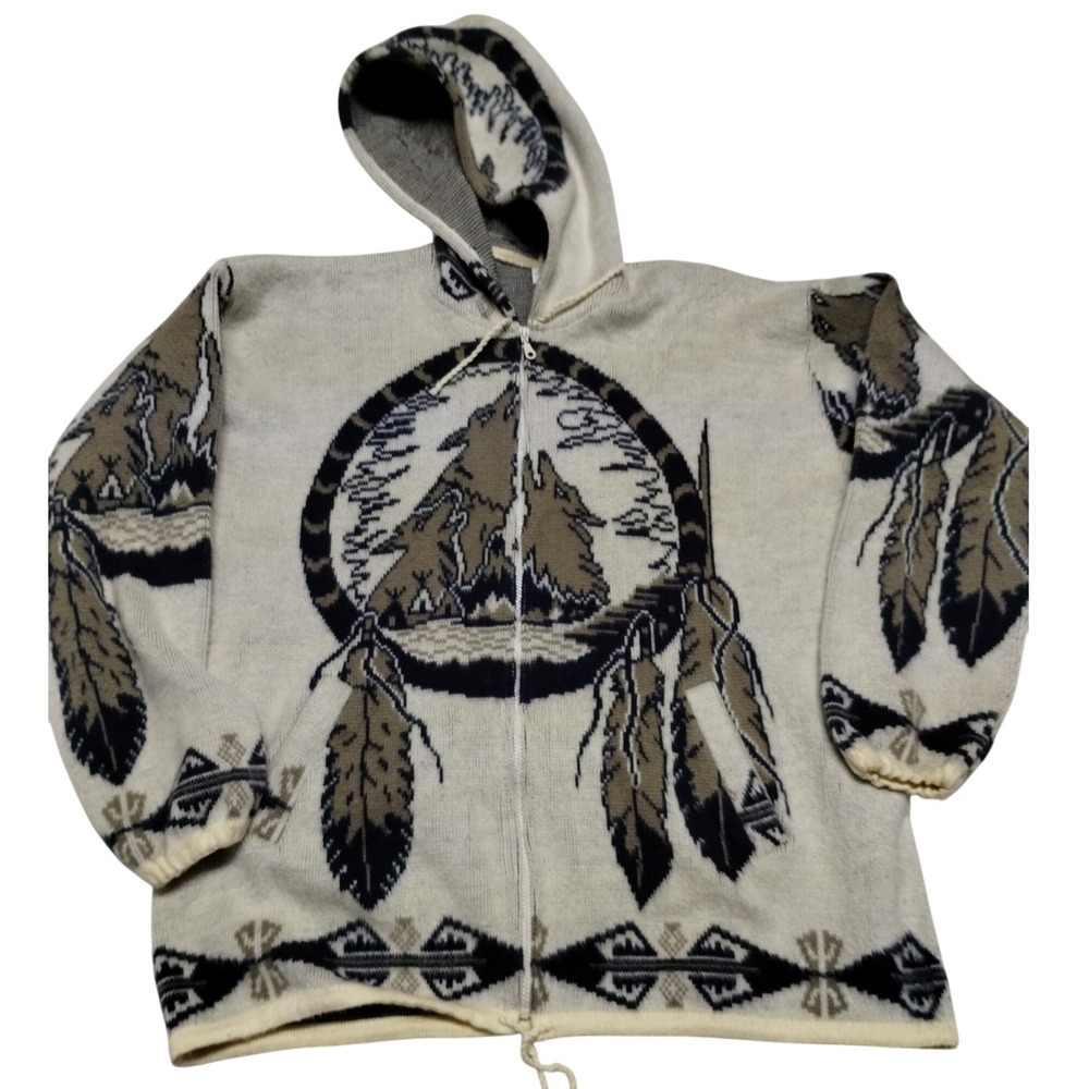 Artesanias Tuntaquimba Wool Wolf Dreamcatcher Zip Hoodie XXL Ecuador Cream Brown